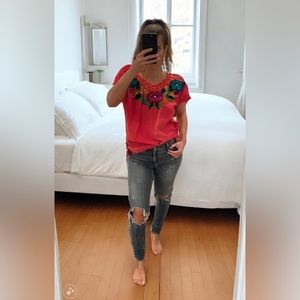 Authentic Cinco De Mayo Embroidered Coral Cotton Top XS/S
